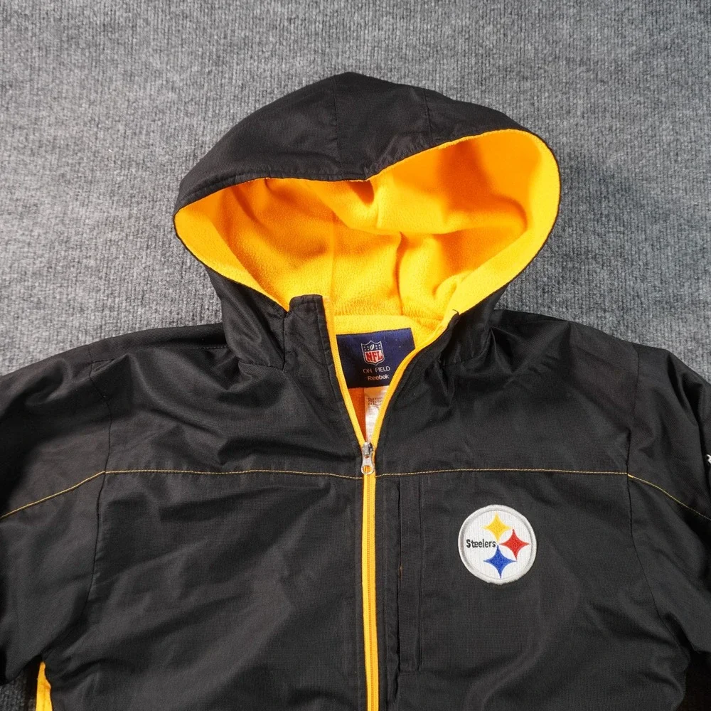 Reebok Pittsburgh Steelers Jacket Youth Large Black NFL Full Zip Hooded Fleece